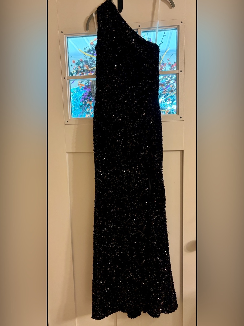 One-Shoulder Black Sequin Gown with a strappy back.